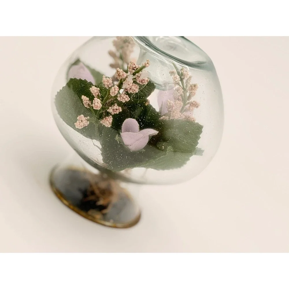 Vintage Glass Terrarium Votive Candle Holder Purple Faux Flowers Pedestal Globe